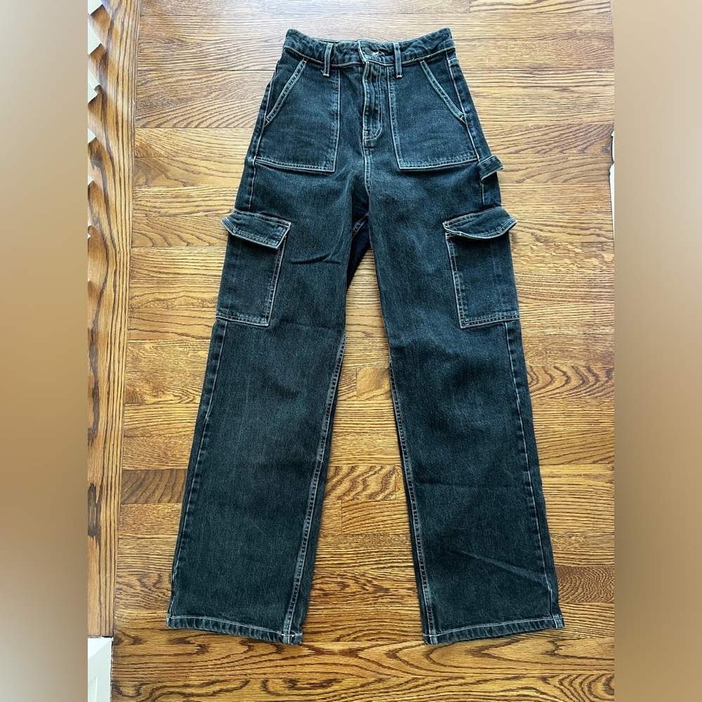SOCIAL TOURIST Cargo Denim Jeans Black Grunge High Rise Y2K Goth Straight leg 25